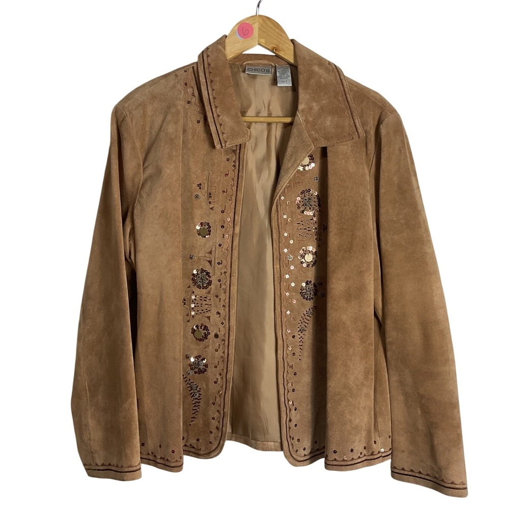 Chico's Tan Suede Leather Sequin Beaded Embroidered Jacket vintage boho western